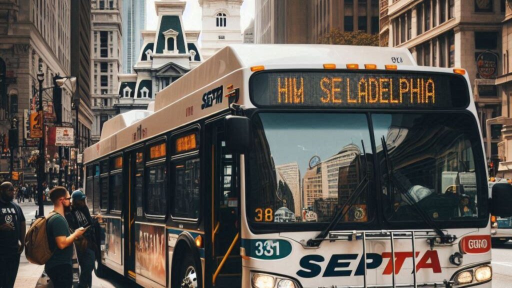 people getting on a bus in a large city