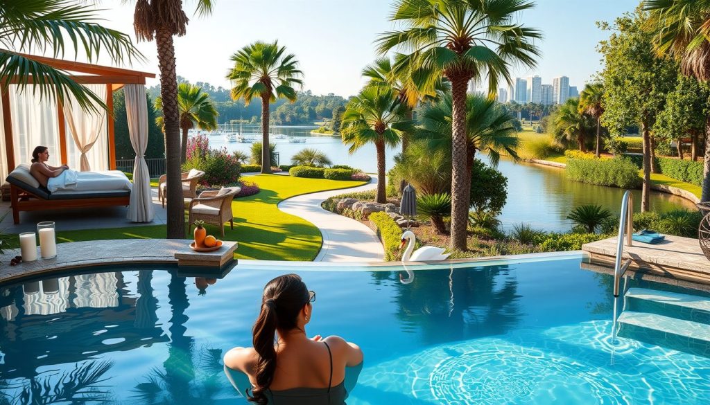 A tranquil and luxurious Orlando wellness scene In the foreground a woman lounges peacefully by a spa